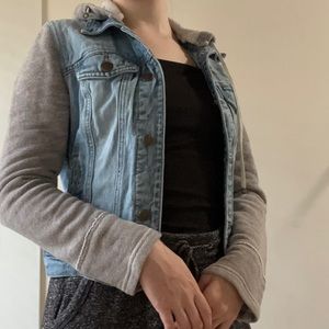 Jean jacket with grey sleeves and hood